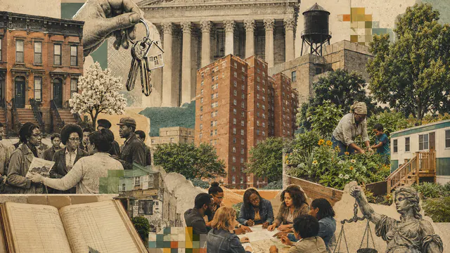 Mixed-media historical illustration of Housing Justice, combining archival collage, neoclassical engraving, and pixel detail.