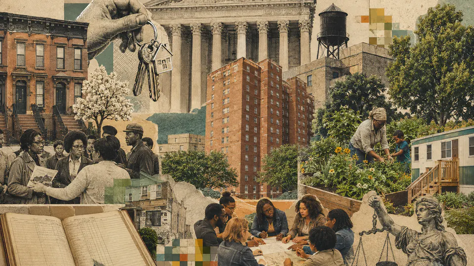 Mixed-media historical illustration of Housing Justice, combining archival collage, neoclassical engraving, and pixel detail.