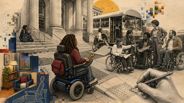 Mixed-media historical illustration of Independent Living Movement, combining archival collage, neoclassical engraving, and pixel detail.
