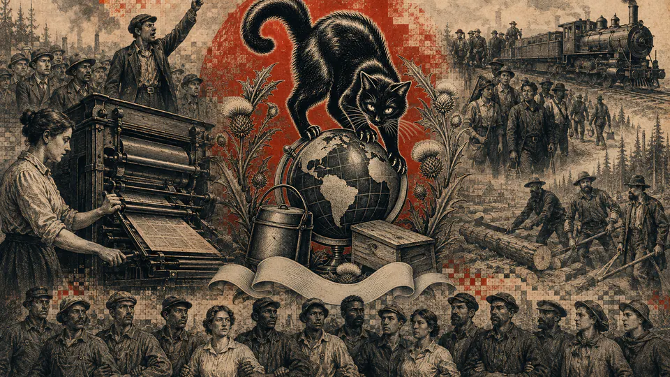 Mixed-media historical illustration of The IWW, combining archival collage, neoclassical engraving, and pixel detail.