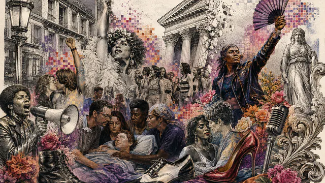 Mixed-media historical illustration of LGBTQ Liberation, combining archival collage, neoclassical engraving, and pixel detail.