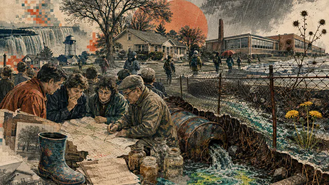 Mixed-media historical illustration of Love Canal, combining archival collage, neoclassical engraving, and pixel detail.