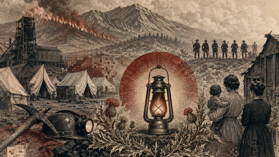 Mixed-media historical illustration of Ludlow Massacre, combining archival collage, neoclassical engraving, and pixel detail.