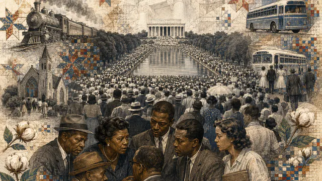 Mixed-media historical illustration of March on Washington, combining archival collage, neoclassical engraving, and pixel detail.