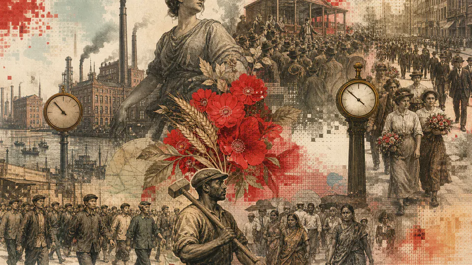 Mixed-media historical illustration of May Day, combining archival collage, neoclassical engraving, and pixel detail.