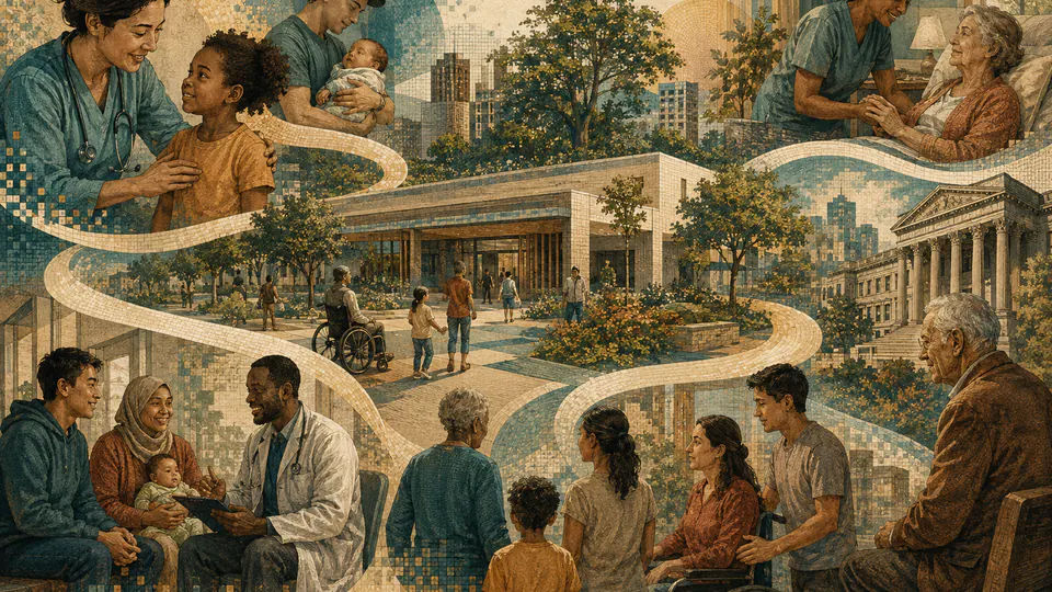 Mixed-media historical illustration of Medicare for All, combining archival collage, neoclassical engraving, and pixel detail.