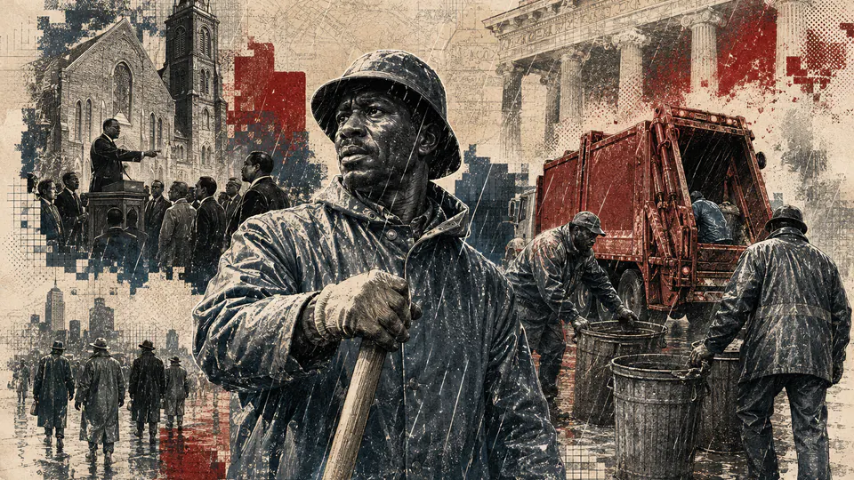 Mixed-media historical illustration of Memphis sanitation strike, combining archival collage, neoclassical engraving, and pixel detail.