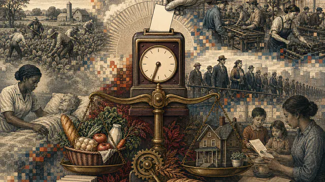 Mixed-media historical illustration of Minimum Wage, combining archival collage, neoclassical engraving, and pixel detail.
