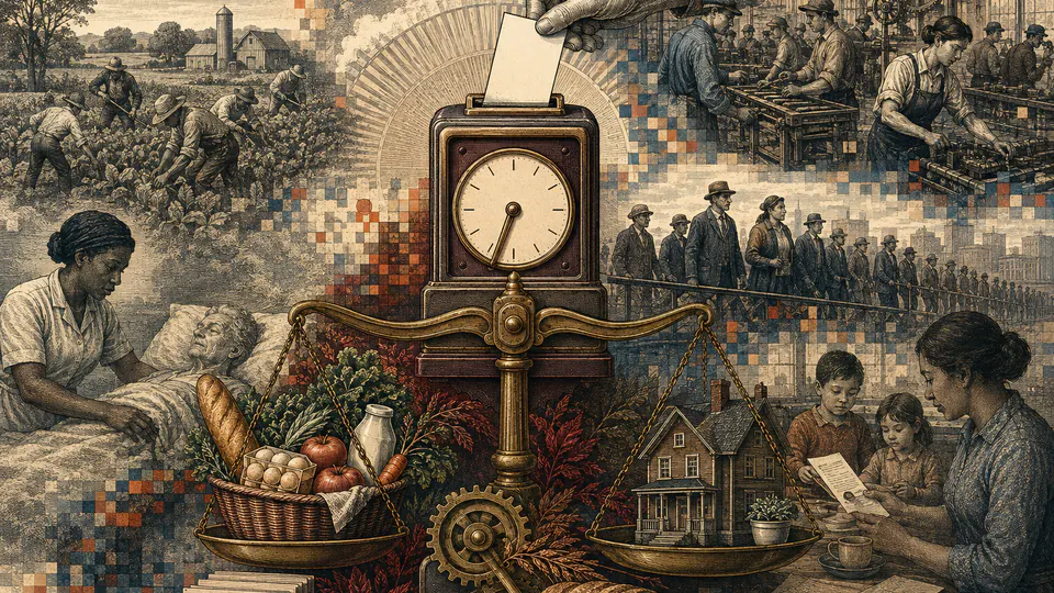 Mixed-media historical illustration of Minimum Wage, combining archival collage, neoclassical engraving, and pixel detail.