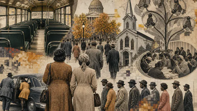 Mixed-media historical illustration of Montgomery Bus Boycott, combining archival collage, neoclassical engraving, and pixel detail.
