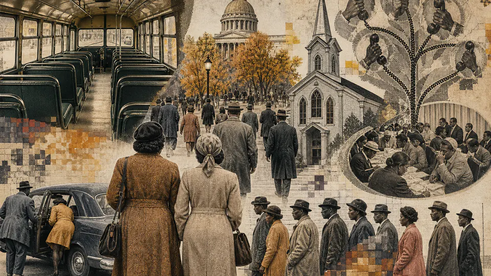Mixed-media historical illustration of Montgomery Bus Boycott, combining archival collage, neoclassical engraving, and pixel detail.