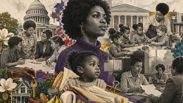 Mixed-media historical illustration of National Welfare Rights Organization, combining archival collage, neoclassical engraving, and pixel detail.