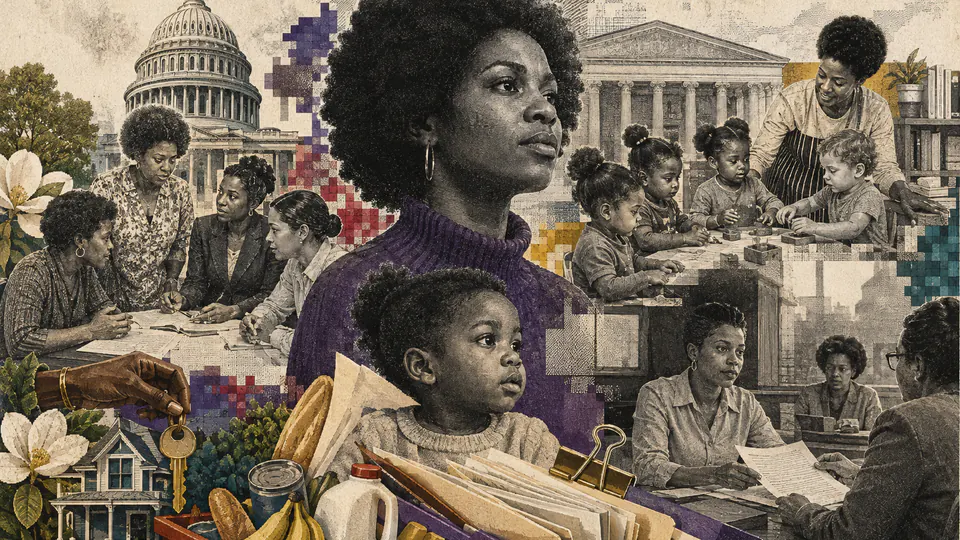 Mixed-media historical illustration of National Welfare Rights Organization, combining archival collage, neoclassical engraving, and pixel detail.
