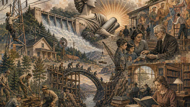 Mixed-media historical illustration of New Deal, combining archival collage, neoclassical engraving, and pixel detail.