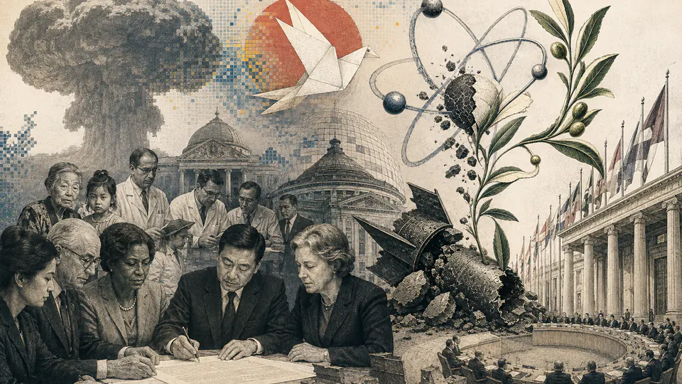 Mixed-media historical illustration of Nuclear Disarmament, combining archival collage, neoclassical engraving, and pixel detail.