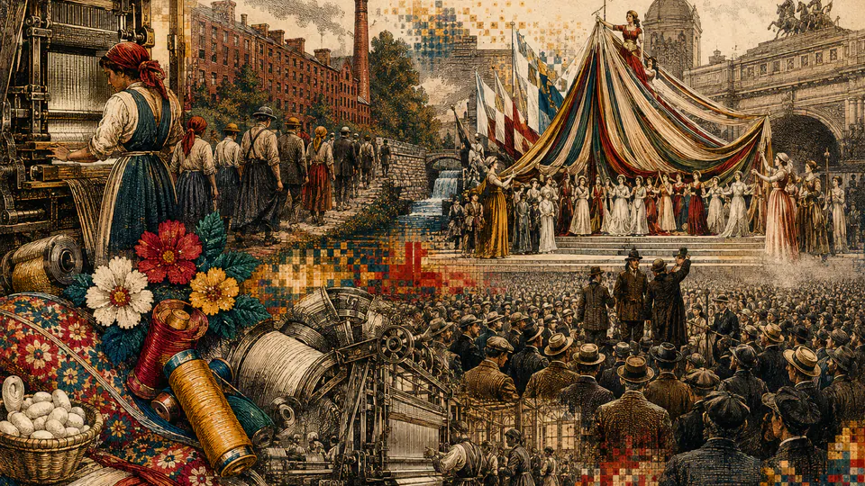 Mixed-media historical illustration of Paterson Silk Strike, combining archival collage, neoclassical engraving, and pixel detail.