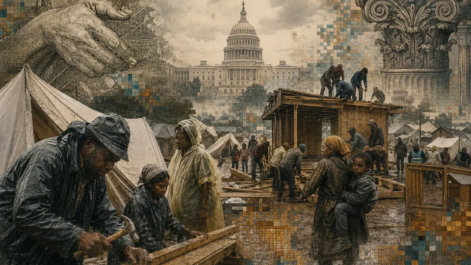 Mixed-media historical illustration of Poor People's Campaign, combining archival collage, neoclassical engraving, and pixel detail.