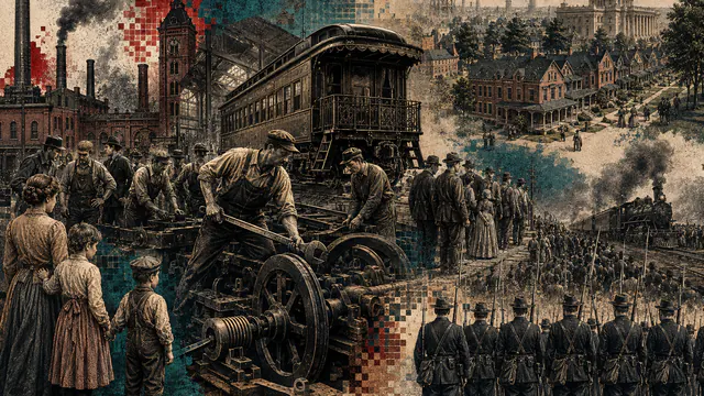 Mixed-media historical illustration of Pullman Strike, combining archival collage, neoclassical engraving, and pixel detail.