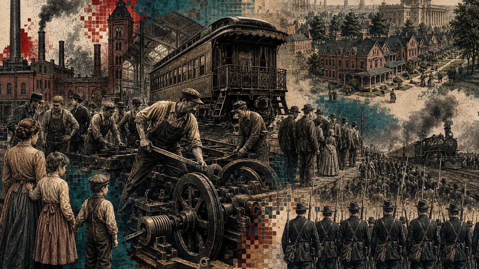 Mixed-media historical illustration of Pullman Strike, combining archival collage, neoclassical engraving, and pixel detail.