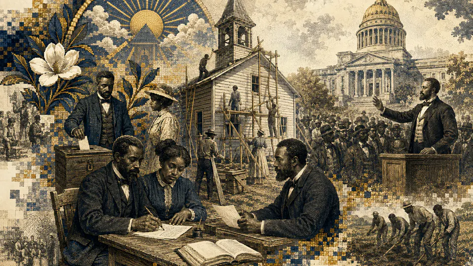 Mixed-media historical illustration of Reconstruction, combining archival collage, neoclassical engraving, and pixel detail.