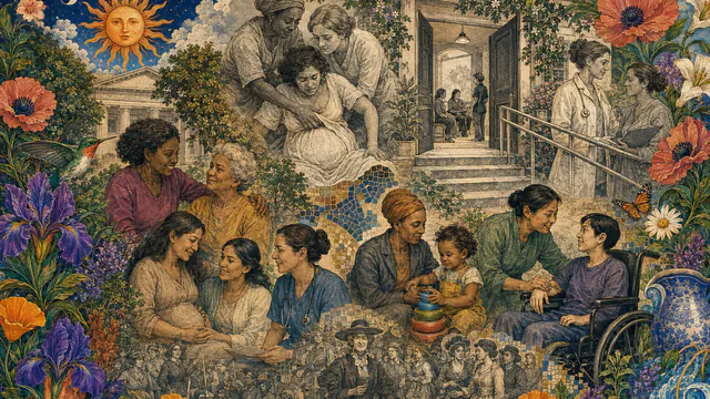 Mixed-media historical illustration of Reproductive Justice, combining archival collage, neoclassical engraving, and pixel detail.