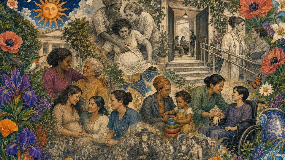 Mixed-media historical illustration of Reproductive Justice, combining archival collage, neoclassical engraving, and pixel detail.