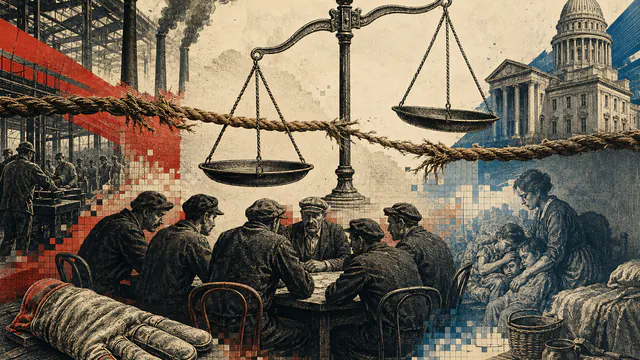 Mixed-media historical illustration of Right-to-Work Laws, combining archival collage, neoclassical engraving, and pixel detail.