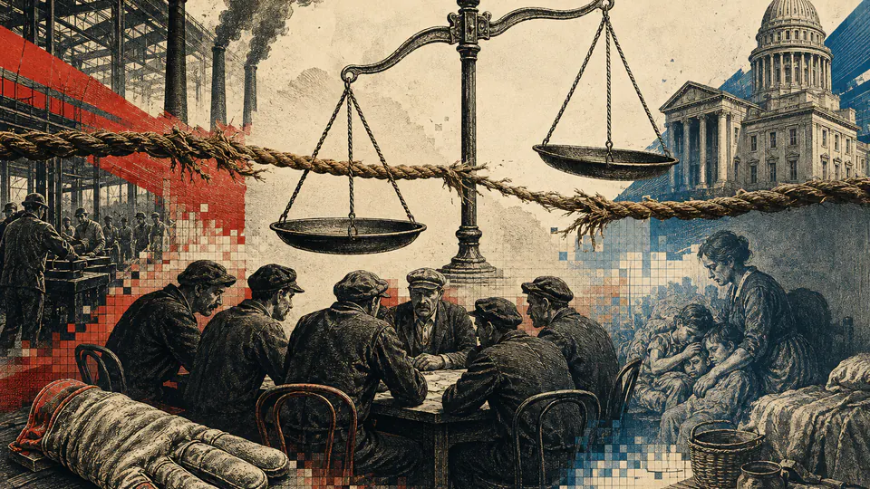 Mixed-media historical illustration of Right-to-Work Laws, combining archival collage, neoclassical engraving, and pixel detail.