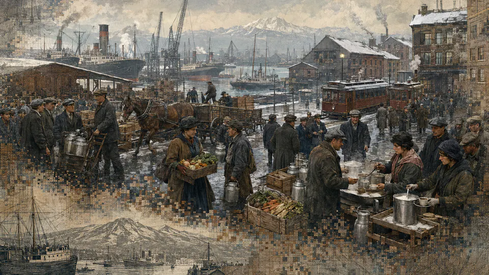 Mixed-media historical illustration of Seattle General Strike, combining archival collage, neoclassical engraving, and pixel detail.