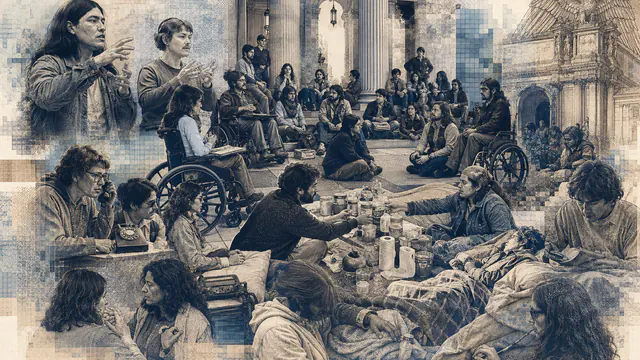 Mixed-media historical illustration of Section 504 Sit-In, combining archival collage, neoclassical engraving, and pixel detail.