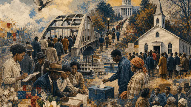 Mixed-media historical illustration of Selma Voting Rights, combining archival collage, neoclassical engraving, and pixel detail.