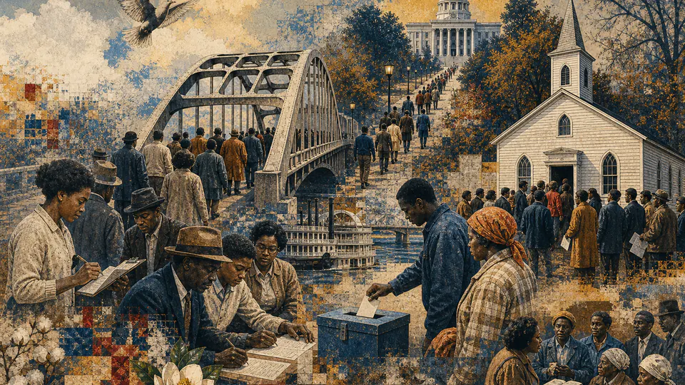 Mixed-media historical illustration of Selma Voting Rights, combining archival collage, neoclassical engraving, and pixel detail.