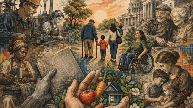 Mixed-media historical illustration of Social Security, combining archival collage, neoclassical engraving, and pixel detail.