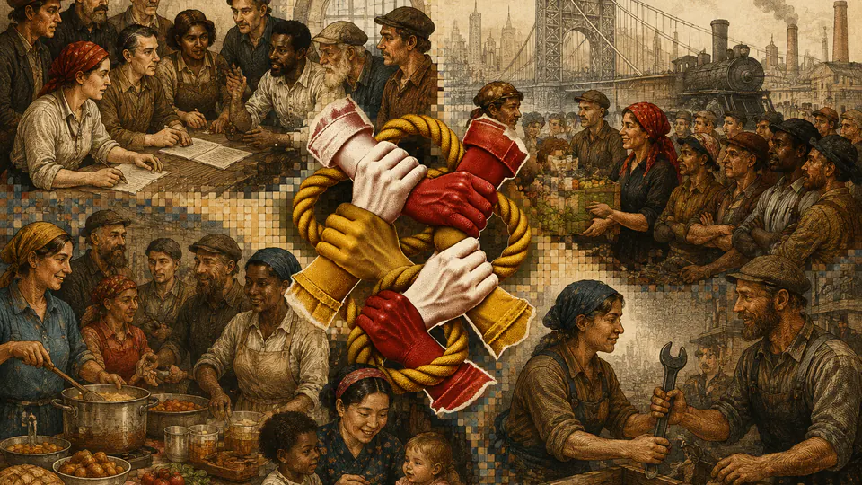 Mixed-media historical illustration of Solidarity, combining archival collage, neoclassical engraving, and pixel detail.
