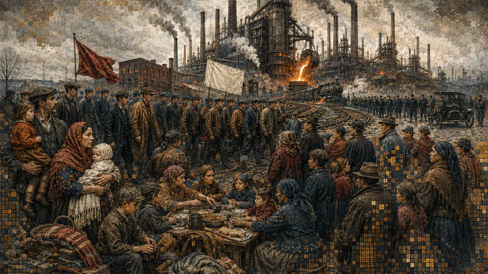 Mixed-media historical illustration of Steel Strike of 1919, combining archival collage, neoclassical engraving, and pixel detail.