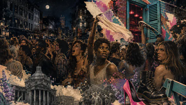 Mixed-media historical illustration of Stonewall Uprising, combining archival collage, neoclassical engraving, and pixel detail.