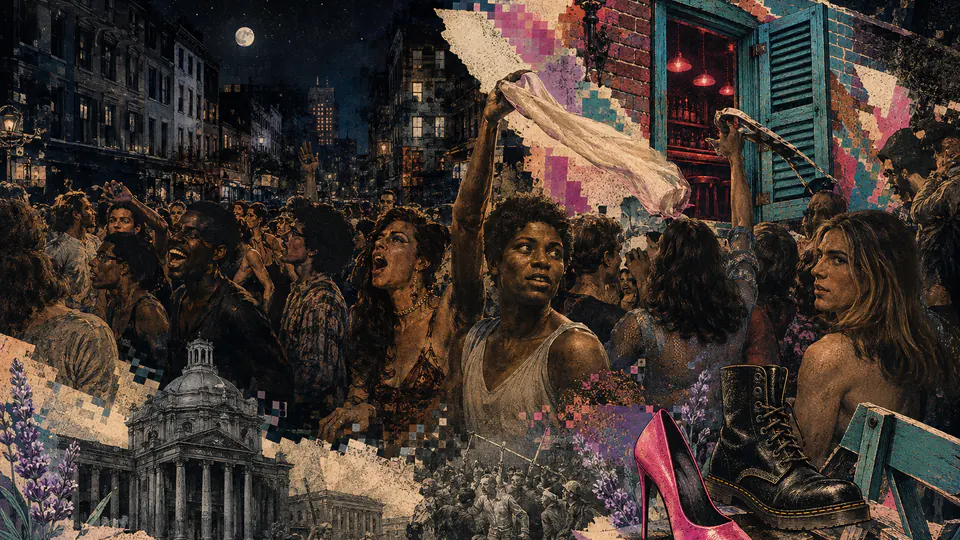 Mixed-media historical illustration of Stonewall Uprising, combining archival collage, neoclassical engraving, and pixel detail.