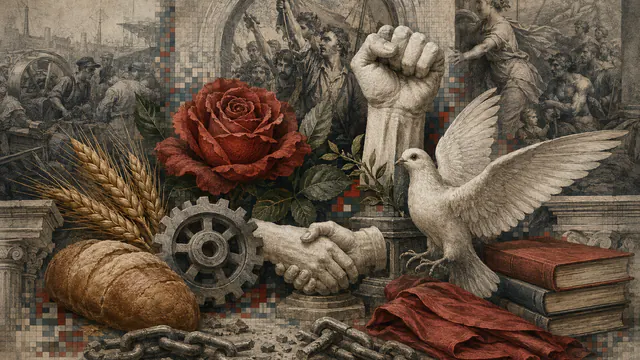 Mixed-media historical illustration of Symbols of the left, combining archival collage, neoclassical engraving, and pixel detail.