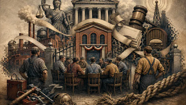 Mixed-media historical illustration of Taft-Hartley Act, combining archival collage, neoclassical engraving, and pixel detail.