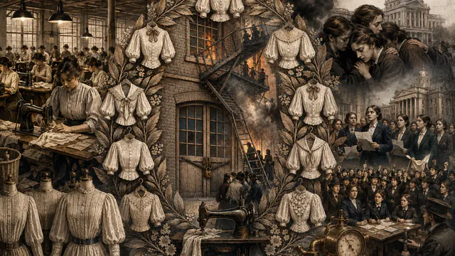 Mixed-media historical illustration of Triangle Shirtwaist Fire, combining archival collage, neoclassical engraving, and pixel detail.