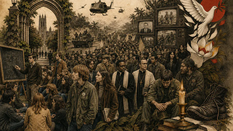Mixed-media historical illustration of Vietnam Antiwar Movement, combining archival collage, neoclassical engraving, and pixel detail.
