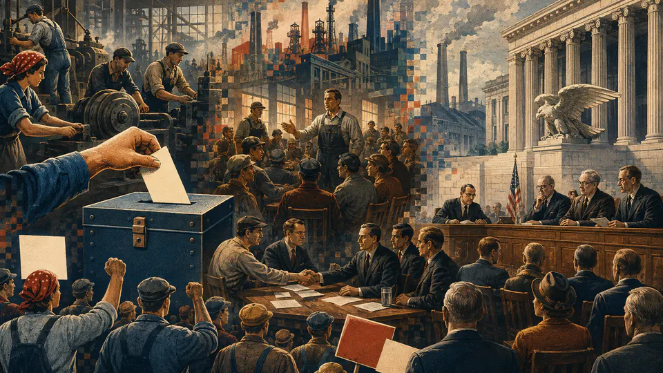 Mixed-media historical illustration of Wagner Act, combining archival collage, neoclassical engraving, and pixel detail.