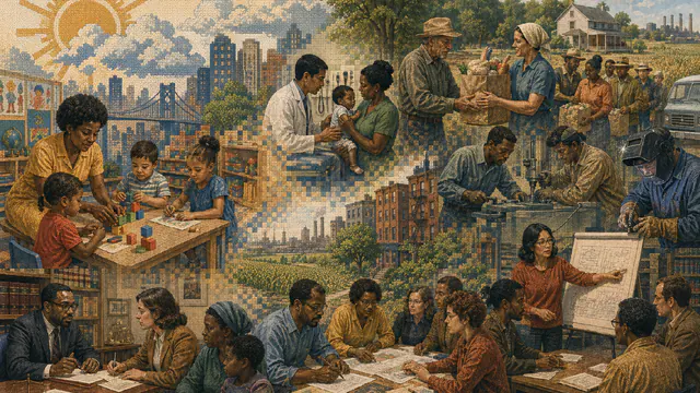 Mixed-media historical illustration of War on Poverty, combining archival collage, neoclassical engraving, and pixel detail.