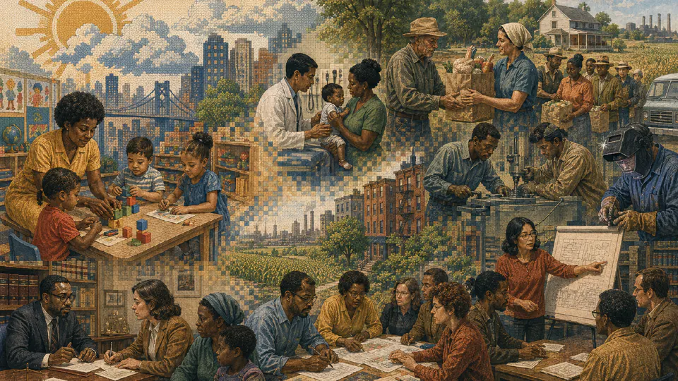 Mixed-media historical illustration of War on Poverty, combining archival collage, neoclassical engraving, and pixel detail.
