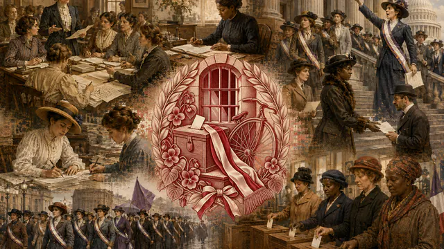 Mixed-media historical illustration of Women's suffrage, combining archival collage, neoclassical engraving, and pixel detail.