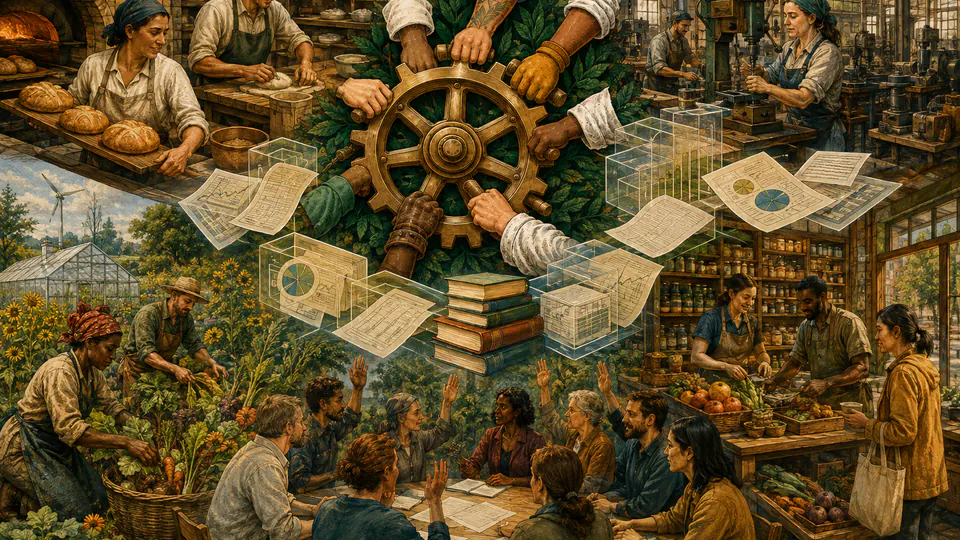 Mixed-media historical illustration of Worker Cooperatives, combining archival collage, neoclassical engraving, and pixel detail.