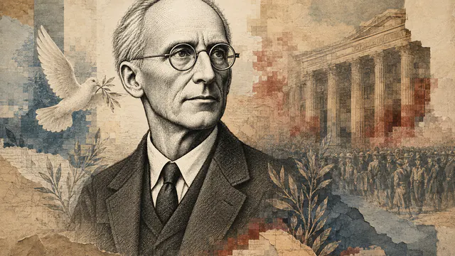 Mixed-media historical illustration of A. J. Muste, combining archival collage, neoclassical engraving, and pixel detail.