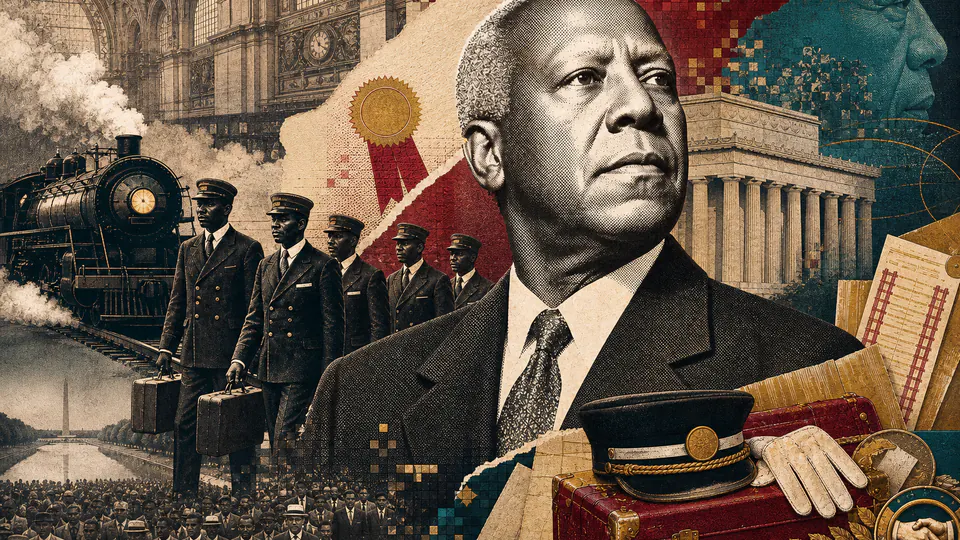 Mixed-media historical illustration of A. Philip Randolph, combining archival collage, neoclassical engraving, and pixel detail.