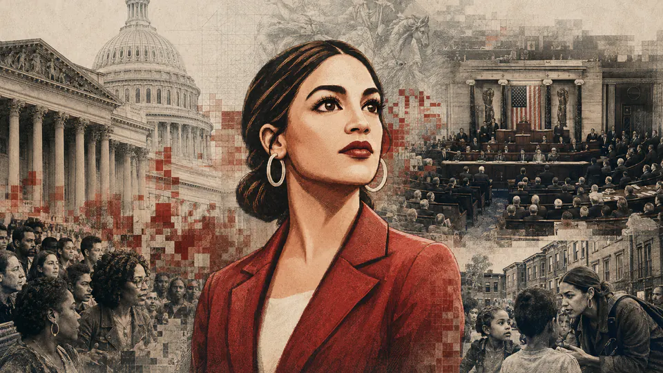 Mixed-media historical illustration of Alexandria Ocasio-Cortez, combining archival collage, neoclassical engraving, and pixel detail.
