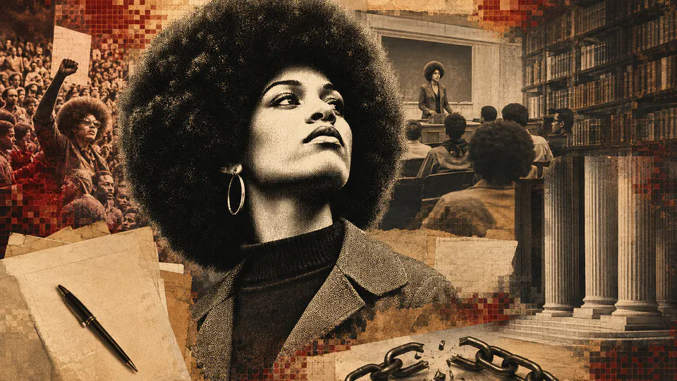 Mixed-media historical illustration of Angela Davis, combining archival collage, neoclassical engraving, and pixel detail.